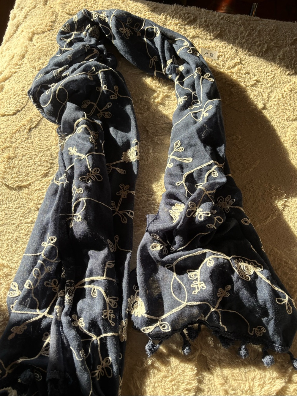 Navy Blue Embroidered Floral Scarf with Tassels